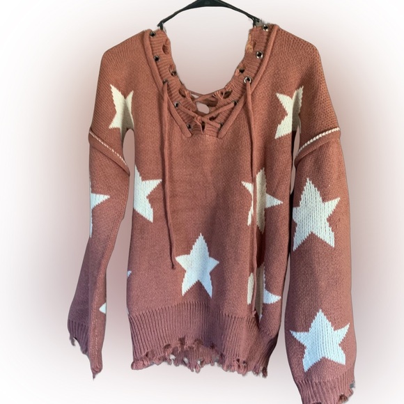 NWOT POL Distressed Pink and Cream Star Sweater S - Picture 2 of 2